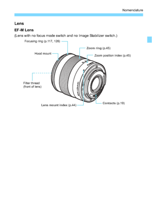 Page 2727
Nomenclature
Lens
EF-M Lens
(Lens with no focus mode switch and no Image Stabilizer switch.)
Focusing ring (p.117, 126)Hood mount
Filter thread
(front of lens) Lens mount index  (p.44) Contacts (p.19)
Zoom ring 
(p.45)
Zoom position index (p.45)
 