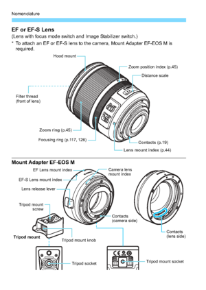 Page 28Nomenclature
28
EF or EF-S Lens(Lens with focus mode switch and Image Stabilizer switch.)
* To attach an EF or EF-S lens to the camera, Mount Adapter EF-EOS M is required.
Mount Adapter EF-EOS M
Zoom ring  (p.45)
Lens mount index (p.44)
Contacts (p.19)
Hood mount
Distance scale
Zoom position index (p.45)
Focusing ring (p.117, 126)
Filter thread
(front of lens)
EF Lens mount index
Camera lens 
mount index
EF-S Lens mount index
Lens release lever
Tripod mount  screw
Tripod socket
Tripod mount
Tripod mount...