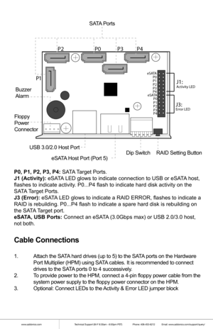 Page 2www.addonics.comTechnical Support (M-F 8:30am - 6:00pm PST)    Phone: 408-453-6212  Email: www.addonics.com/support/query/
Cable Connections
1.  Attach the SATA hard drives (up to 5) to the SATA ports on the Hardware  
  Port Multiplier (HPM) using SATA cables. It is recommended to connect  
  drives to the SATA ports 0 to 4 successively.
2.  To provide power to the HPM, connect a 4-pin floppy power cable from the \
 
  system power supply to the floppy power connector on the HPM.
3.  Optional: Connect...