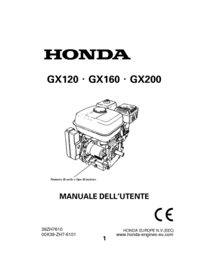 Page 1Numero di serie e tipo di motore
1
MANUALE DELL’UTENTE
GX120 GX160 GX200
HONDA EUROPE N.V.(EEC) 