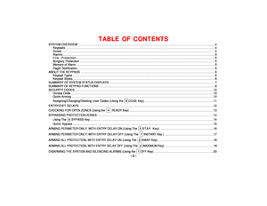 Page 2–2–
TABLE OF CONTENTS
SYSTEM OVERVIEW.......................................................................................................................................  4
Keypads...................................................................................................................................................  4
Zones.......................................................................................................................................................  4...
