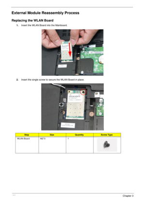 Page 148138Chapter 3
External Module Reassembly Process
Replacing the WLAN Board
1.Insert the WLAN Board into the Mainboard.
2.Insert the single screw to secure the WLAN Board in place.
StepSizeQuantityScrew Type
WLAN Board M2*3 1 