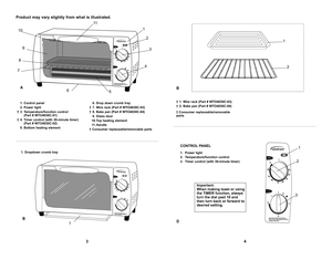 Page 343
Product may vary slightly from what is illustrated.
 
1.  Control panel
  2.  Power light
†  3.  Temperature/function control 
    (Part # WTO4030C-01)
†  4.  Timer control (with 30-minute timer) 
    (Part # WTO4030C-02)
  5.  Bottom heating element  
6.  Drop down crumb tray
†  7.  Wire rack (Part # WTO4030C-03)
†  8.  Bake pan (Part # WTO4030C-04)
  9.  Glass door
  10.  Top heating element
  11.  Handle
† Consumer replaceable/removable parts
1
A
2
3
4
7 8 9
10
11
5
6
B
1
 
1.  Dropdown crumb tray...