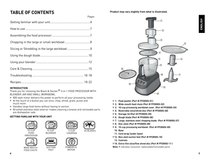 Page 3



Product may vary slightly from what is illustrated.TABLE OF COnTEnTS
		Pages
Getting	familiar	with	your	unit	.................................................4
How	to	use	 ...............................................................................7
Assembling	the	food	processor	...............................................7
Chopping	in	the	large	or	small	workbowl	 ...............................8
Slicing	or	Shredding	in	the	large	workbowl	............................9
Using	the	dough...