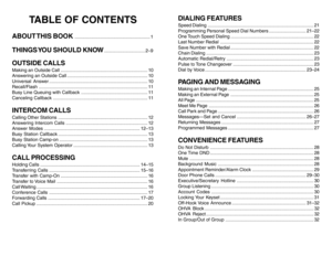 Page 2TABLE OF CONTENTS
ABOUT THIS  BOOK
........................................................... 1
THINGS YOU SHOULD KNOW
................................ 2–9
OUTSIDE CALLSMaking an Outside Call .................................................................... 10
Answering an Outside Call ............................................................... 10
Universal Answer ............................................................................. 10
Recall/Flash...
