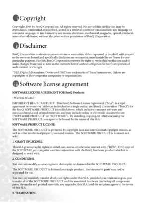 Page 2Copyright
Copyright 2005 by BenQ Corporation. All rights reserved. No part of this publication may be 
reproduced, transmitted, transcribed, stored in a retrieval system or translated into any language or 
computer language, in any form or by any means, electronic, mechanical, magnetic, optical, chemical, 
manual or otherwise, without the prior written permission of BenQ Corporation.
Disclaimer
BenQ Corporation makes no representations or warranties, either expressed or implied, with respect 
to the...