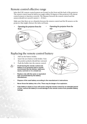 Page 16Introduction 10
Remote control effective range
Infra-Red (IR) remote control sensors are located on the front and the back of the projector. 
The remote control must be held at an angle within 30 degrees of the projector’s IR remote 
control sensors to function correctly. The distance between the remote control and the 
sensors should not exceed 6 meters (~ 20 feet).
Make sure that there are no obstacles between the remote control and the IR sensors on the 
projector that might obstruct the infra-red...