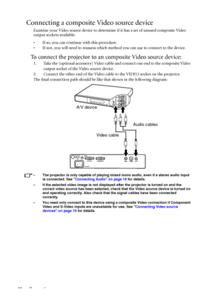 Page 26Connection 22
Connecting a composite Video source device
Examine your Video source device to determine if it has a set of unused composite Video 
output sockets available: 
• If so, you can continue with this procedure.
• If not, you will need to reassess which method you can use to connect to the device.
To connect the projector to an composite Video source device:
1. Take the (optional accessory) Video cable and connect one end to the composite Video 
output socket of the Video source device.
2....