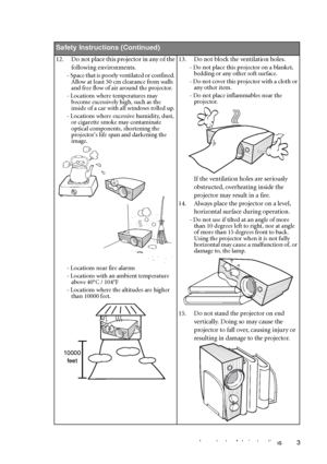 Page 7Important safety instructions 3        
Safety Instructions (Continued)
12. Do not place this projector in any of the 
following environments. 
- Space that is poorly ventilated or confined. 
Allow at least 50 cm clearance from walls 
and free flow of air around the projector. 
- Locations where temperatures may 
become excessively high, such as the 
inside of a car with all windows rolled up.
- Locations where excessive humidity, dust, 
or cigarette smoke may contaminate 
optical components, shortening...