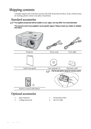 Page 8Introduction 8
Shipping contents
Carefully unpack and verify that you have all of the items shown below. If any of these items 
are missing, please contact your place of purchase.
Standard accessories
The supplied accessories will be suitable for your region, and may differ from those illustrated.
*The warranty card is only supplied in some specific regions. Please consult your dealer for detailed 
information.
Optional accessories
Projector Power cord VGA cable
Quick start guide User manual CD Warranty...