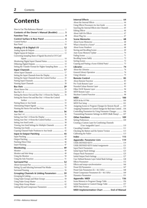 Page 22Contents
01V96i—Reference Manual
Contents
How to Use This Reference Manual  ...............................................  1
Contents of the Owner’s Manual (Booklet)  .......... 3
Function Tree  .......................................................... 4
Control Surface & Rear Panel ................................. 6
Control Surface  ..................................................................................  6
Rear Panel...