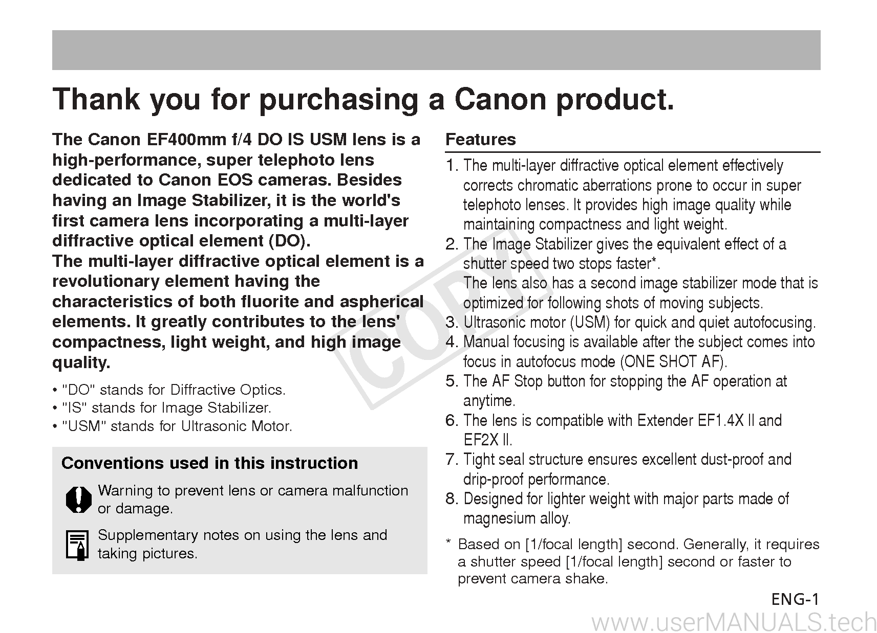 Canon lens EF 400mm f4 DO IS USM User Manual