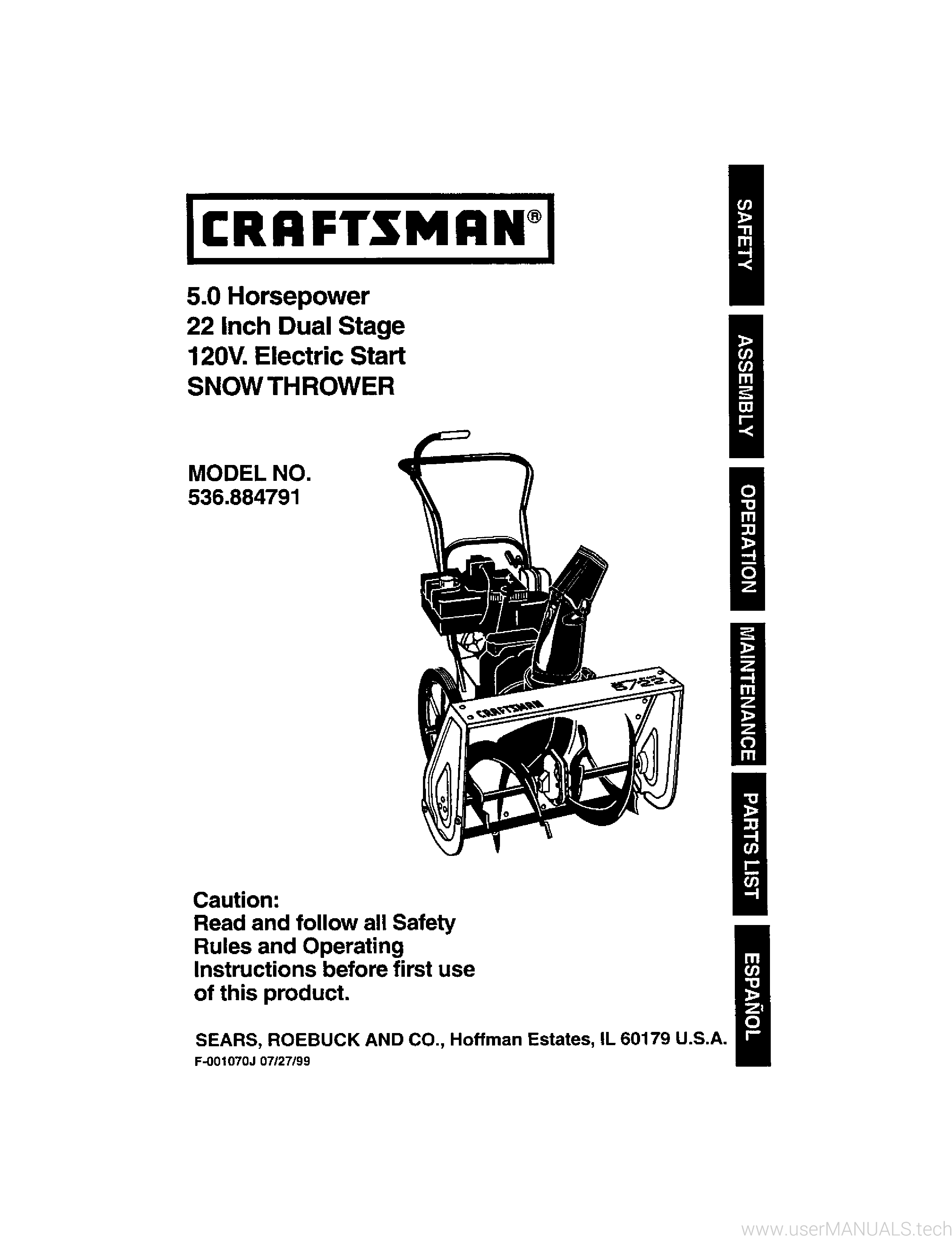 Craftsman 5.0 22 Snowblower Owners Manual