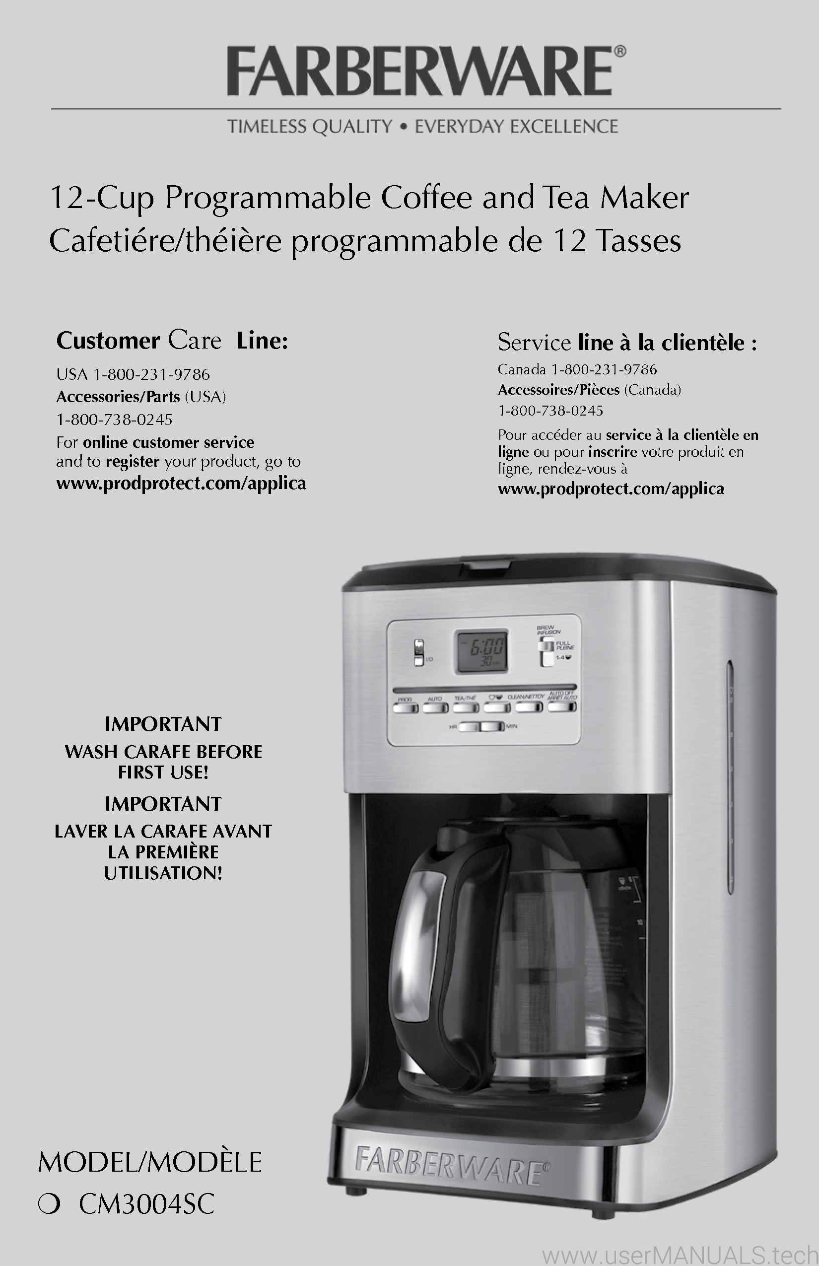 Farberware 12CUP PROGRAMMABLE COFFEE TEA MAKER CM3004SC User Manual