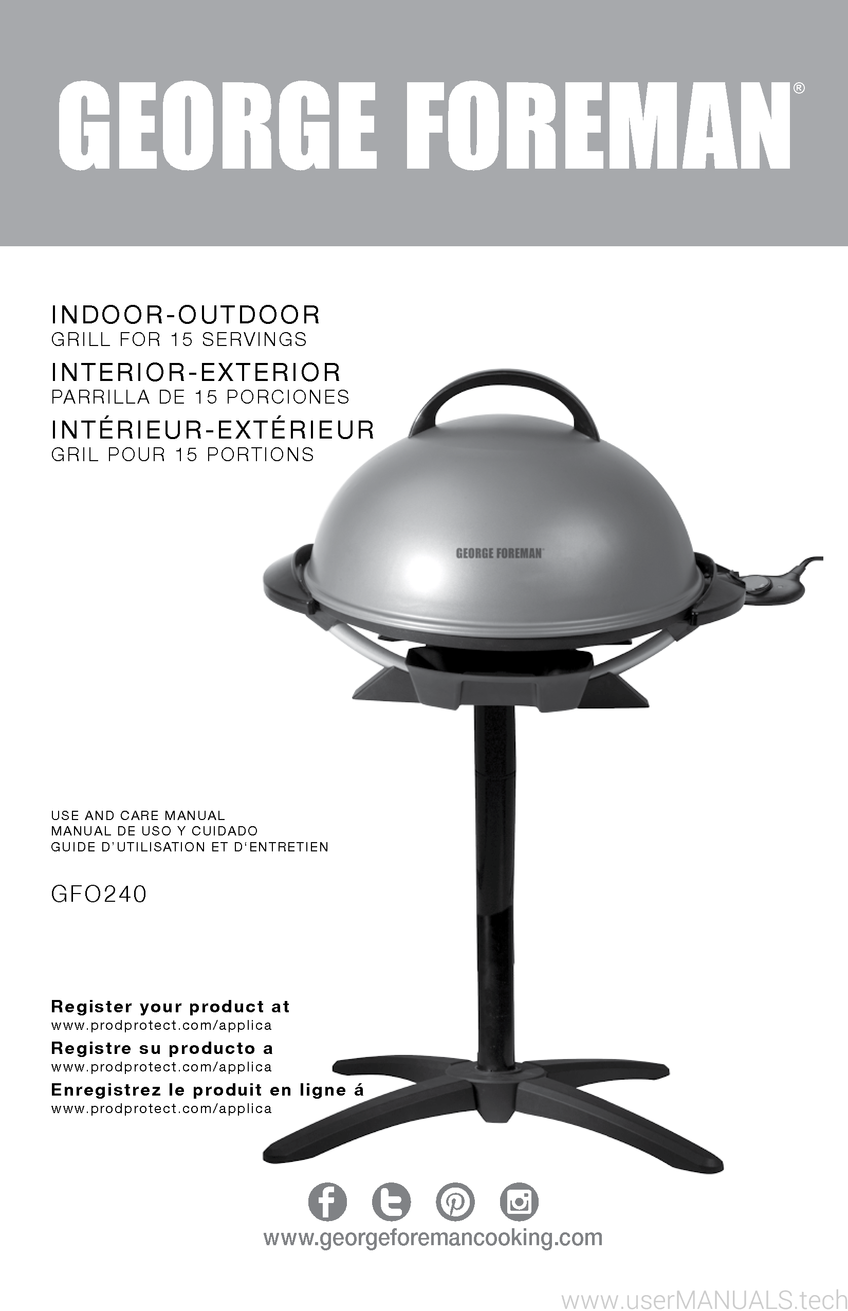 Foreman IndoorOutdoor Electric Grill GFO240 User Manual