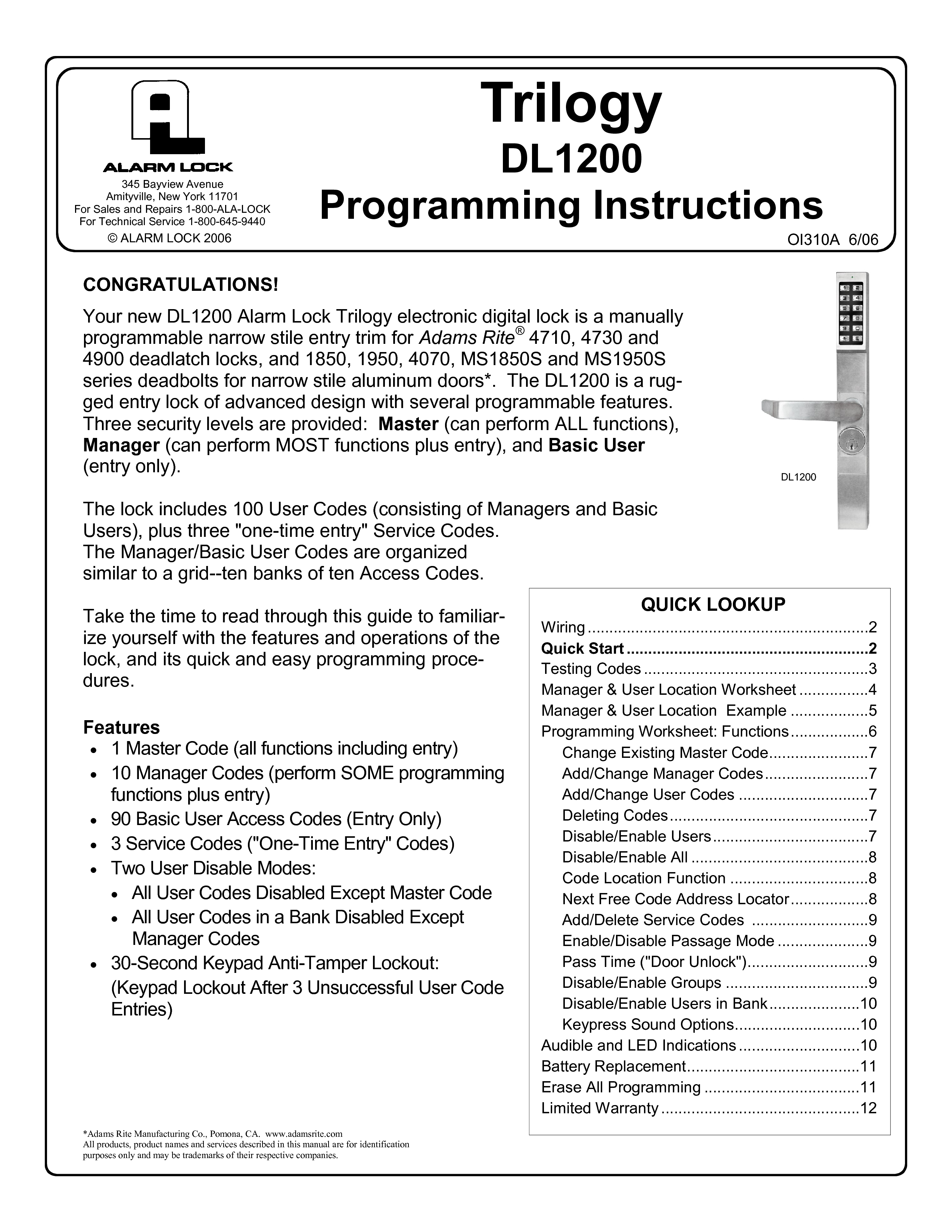 Alarm Lock Dl1200 Programming Instructions User Manual 4113