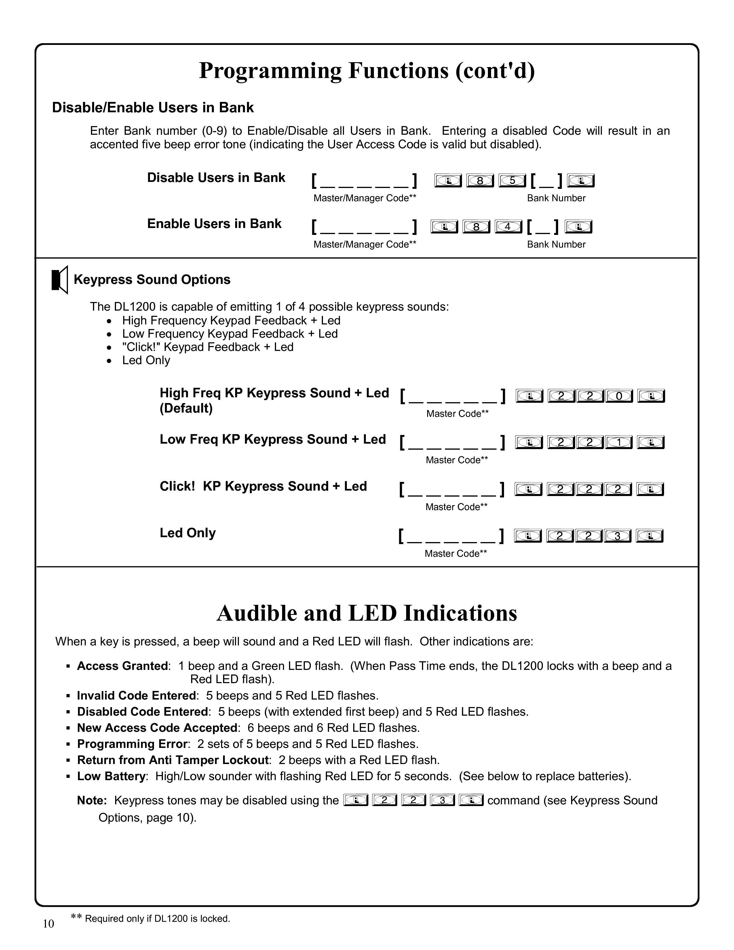 Alarm Lock DL1200 Programming Instructions User Manual