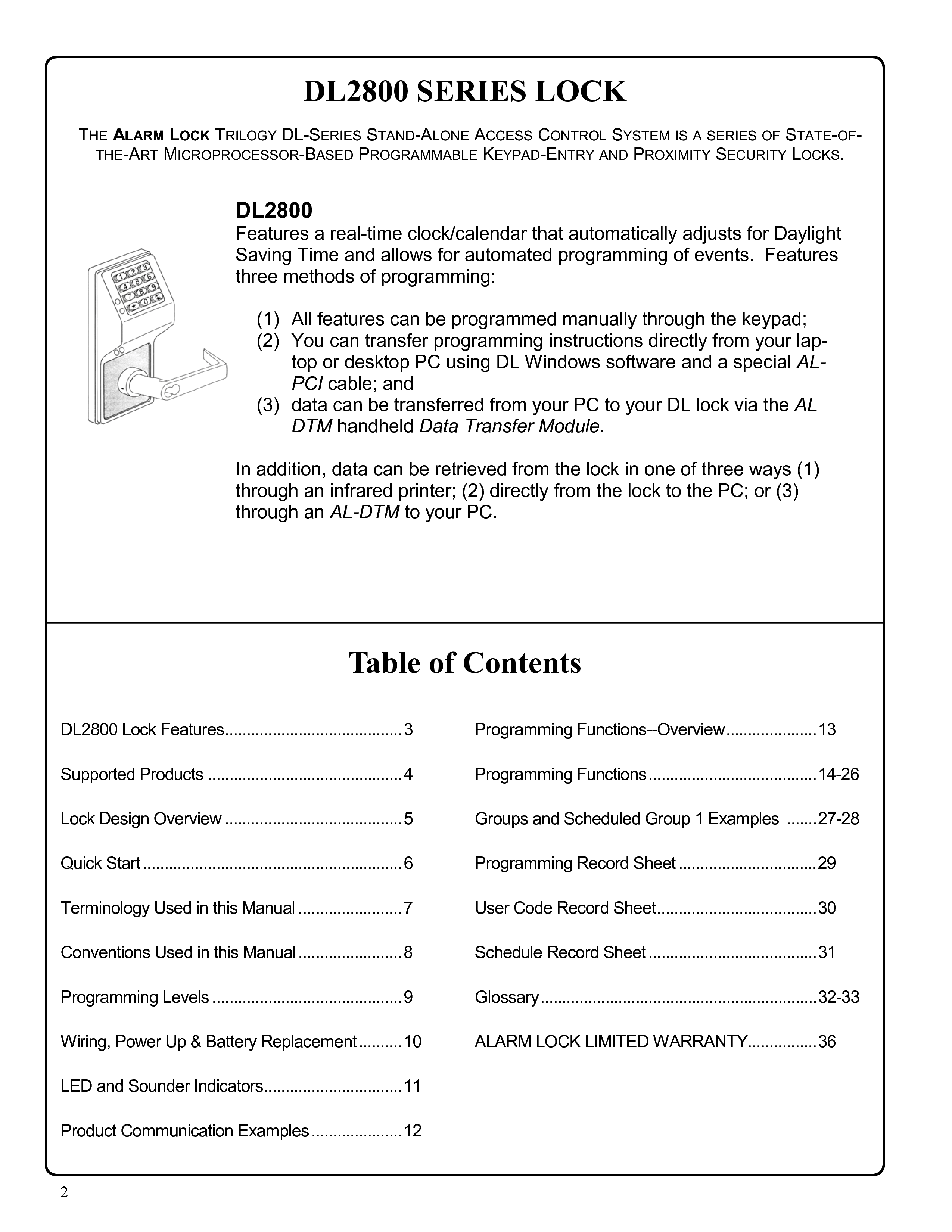 Alarm Lock DL2800 Programming Instructions User Manual