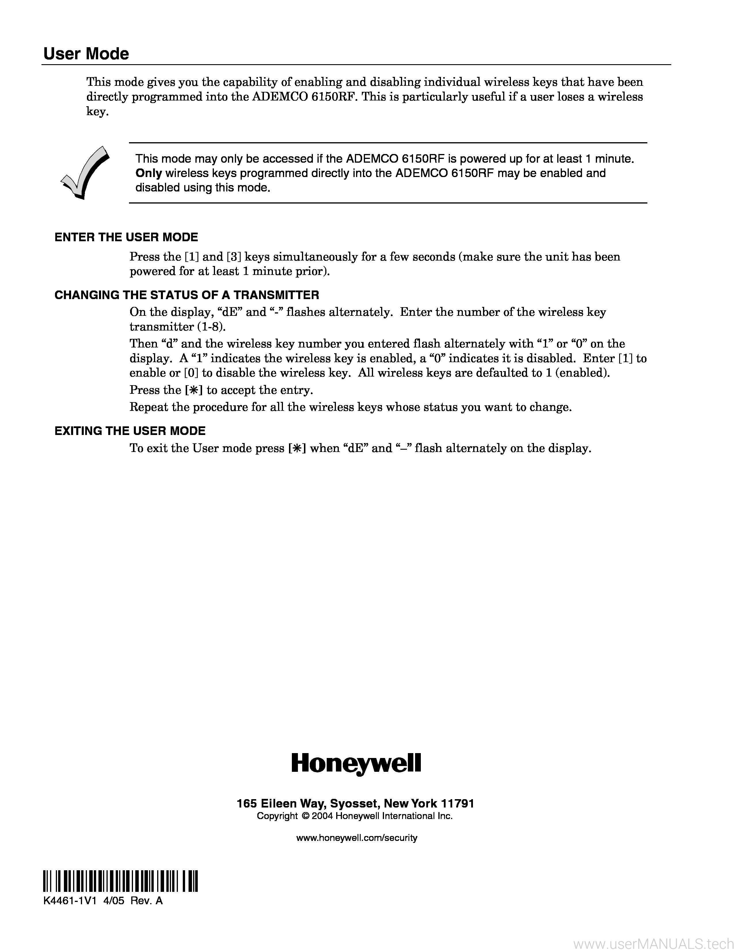 manual for honeywell alarm keypad