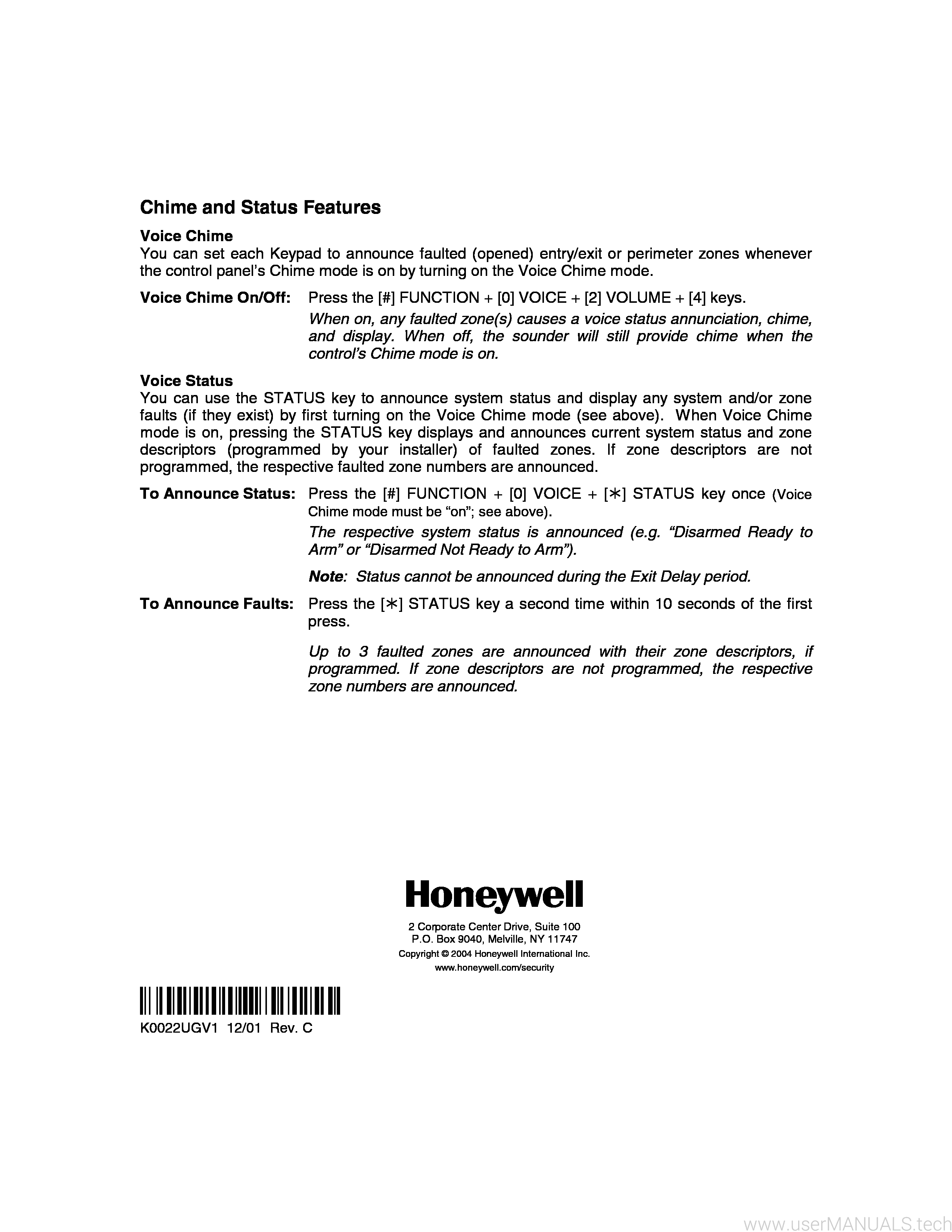 Honeywell keypad with Voice 6150V 6160V User Manual