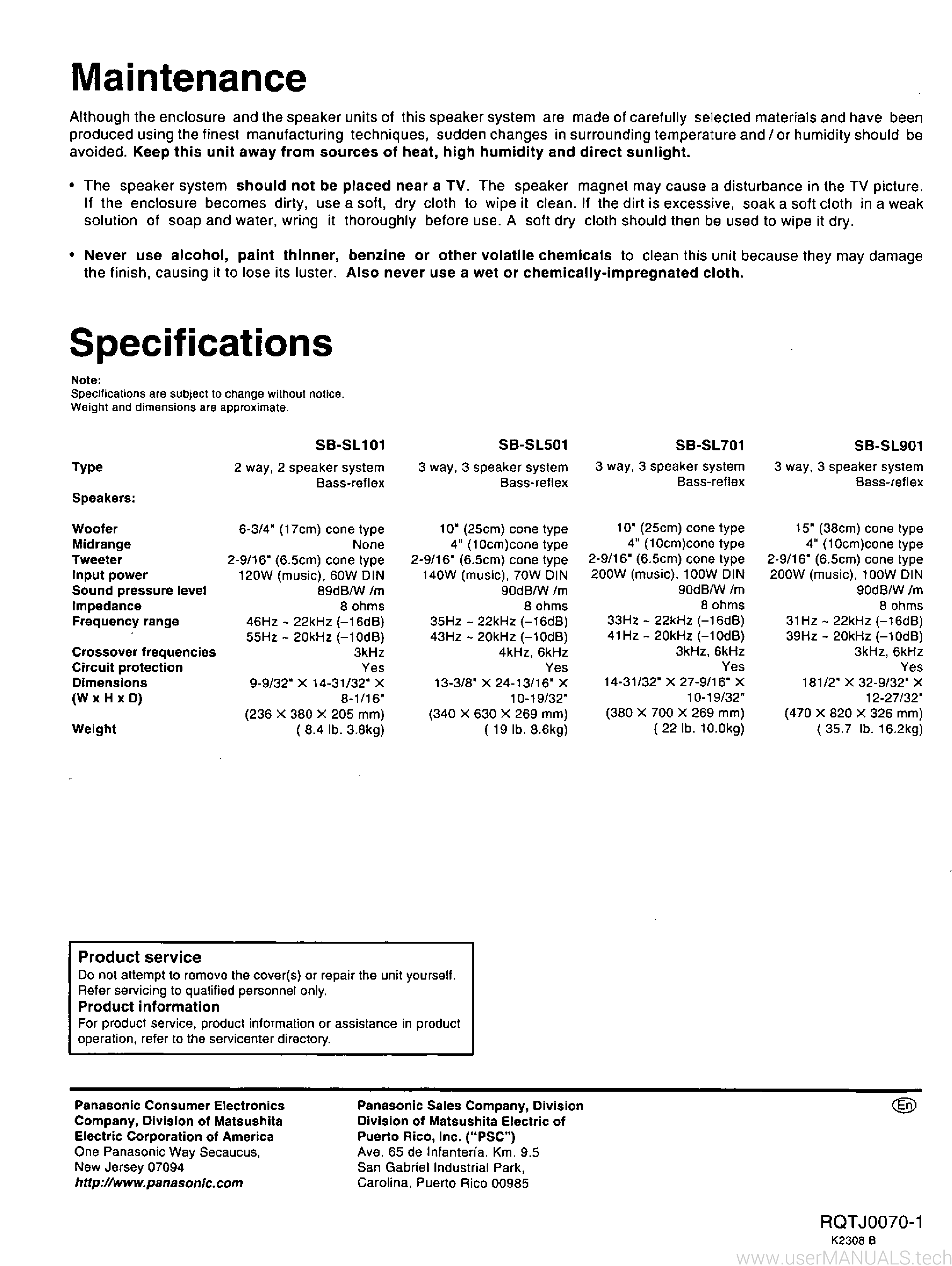 Technics Speaker System Sb-sl101, Sb-sl501, Sb-sl701, Sb-sl901 ...