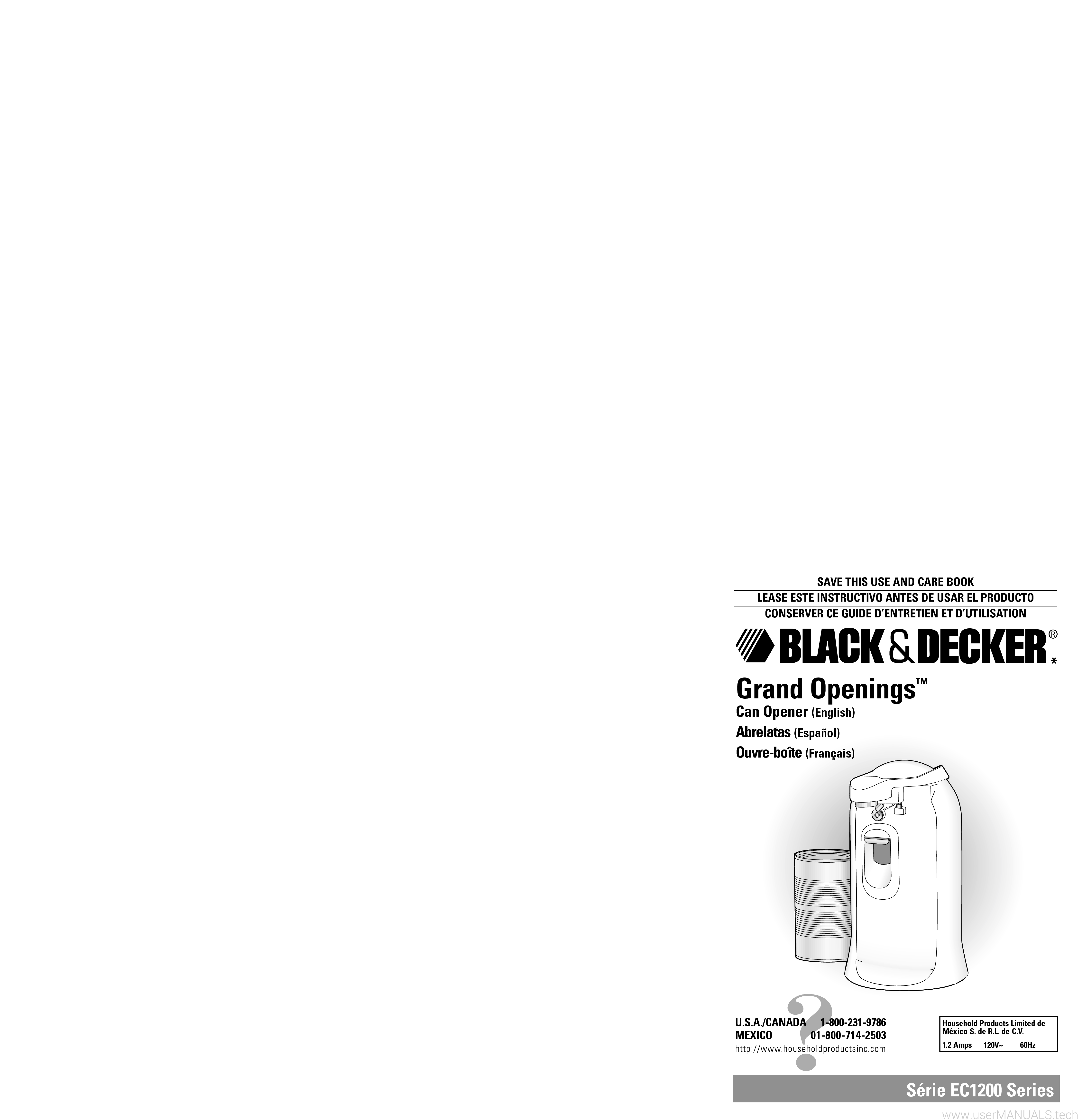 Black And Decker Grand Openings Can Opener EC1200 EC1200B User Manual