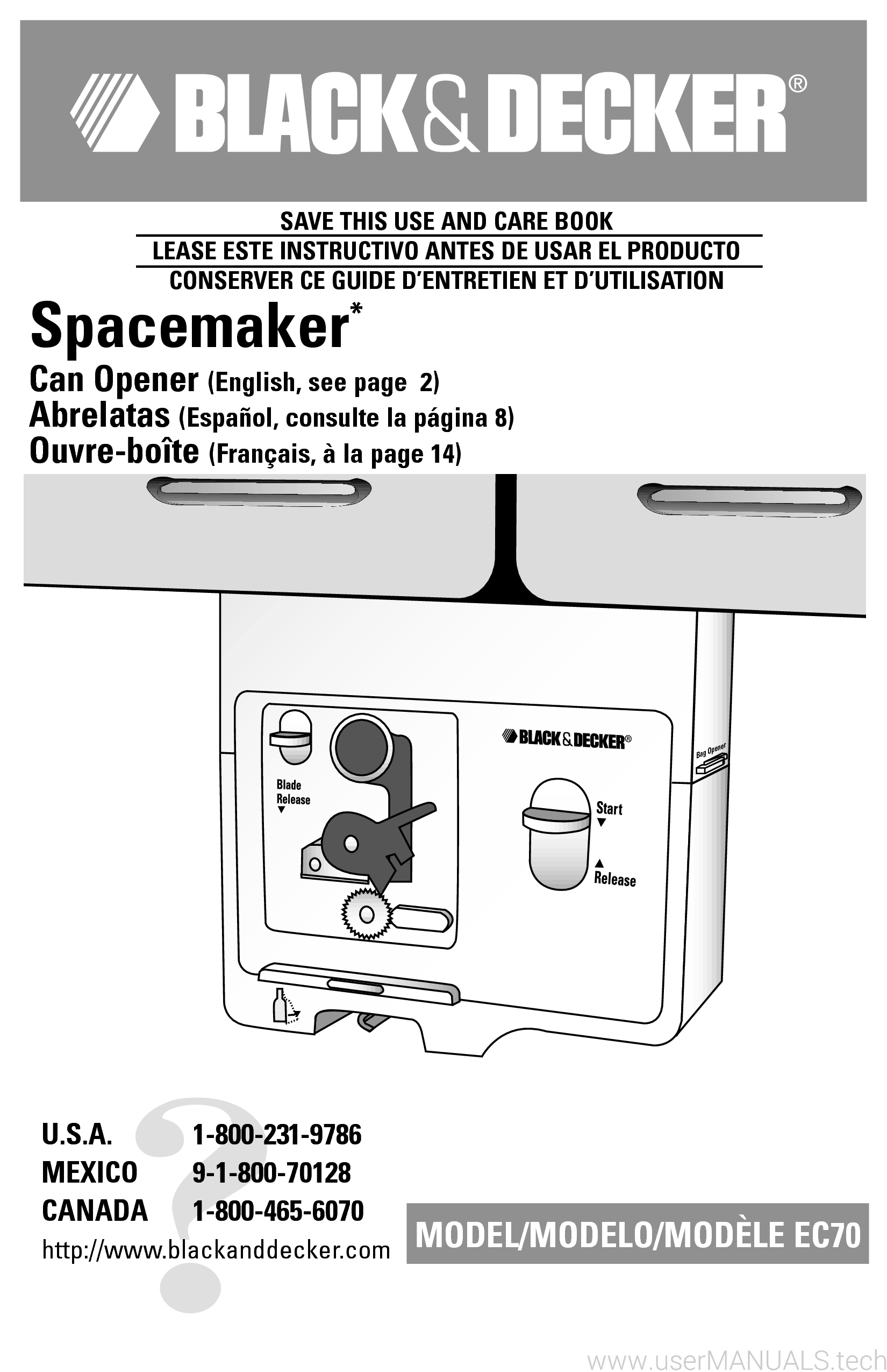 Black and Decker SpaceMaker Can Opener EC70 User Manual