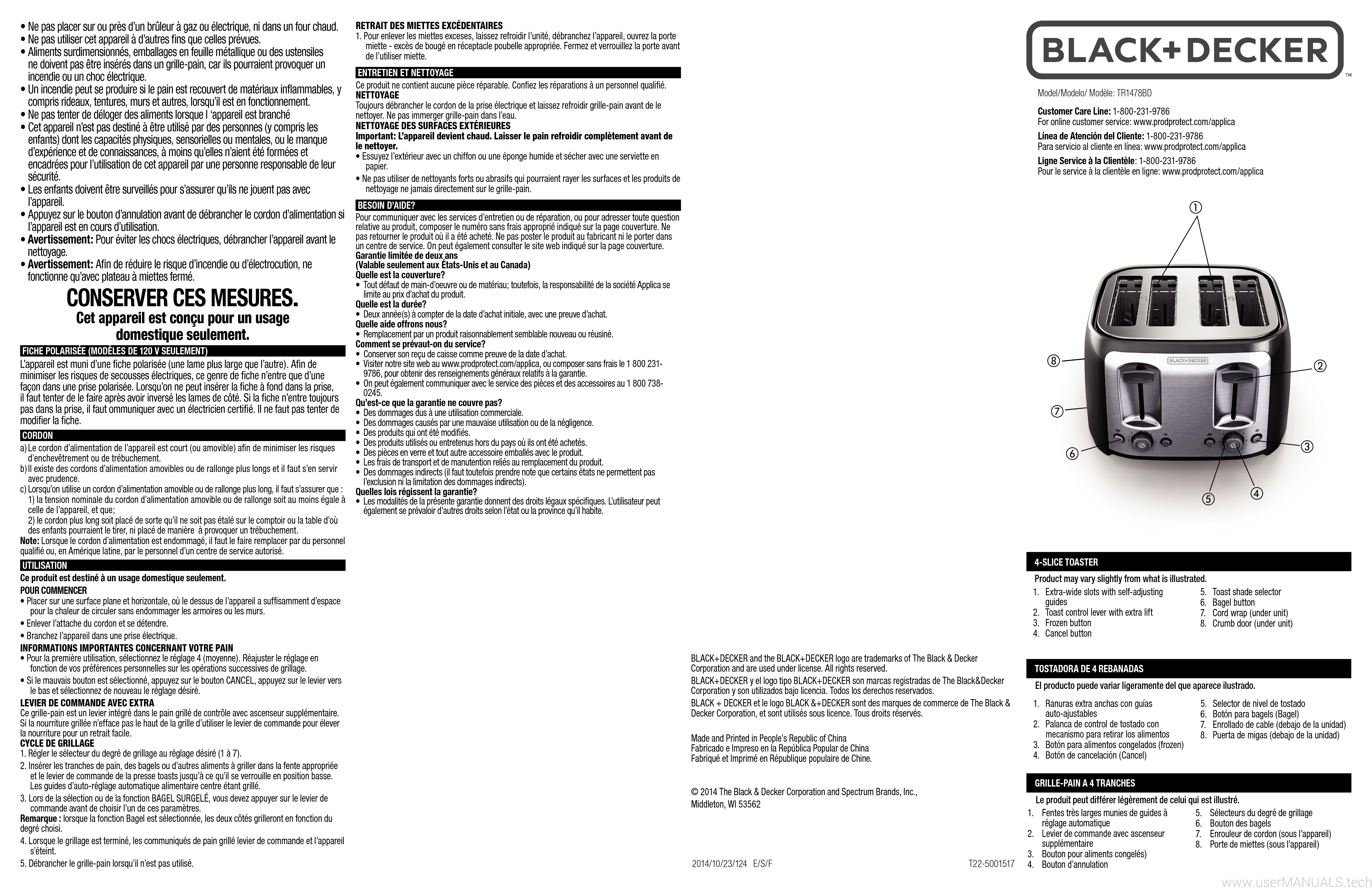 Black and Decker 4 Slice Toaster TR1478B User Manual