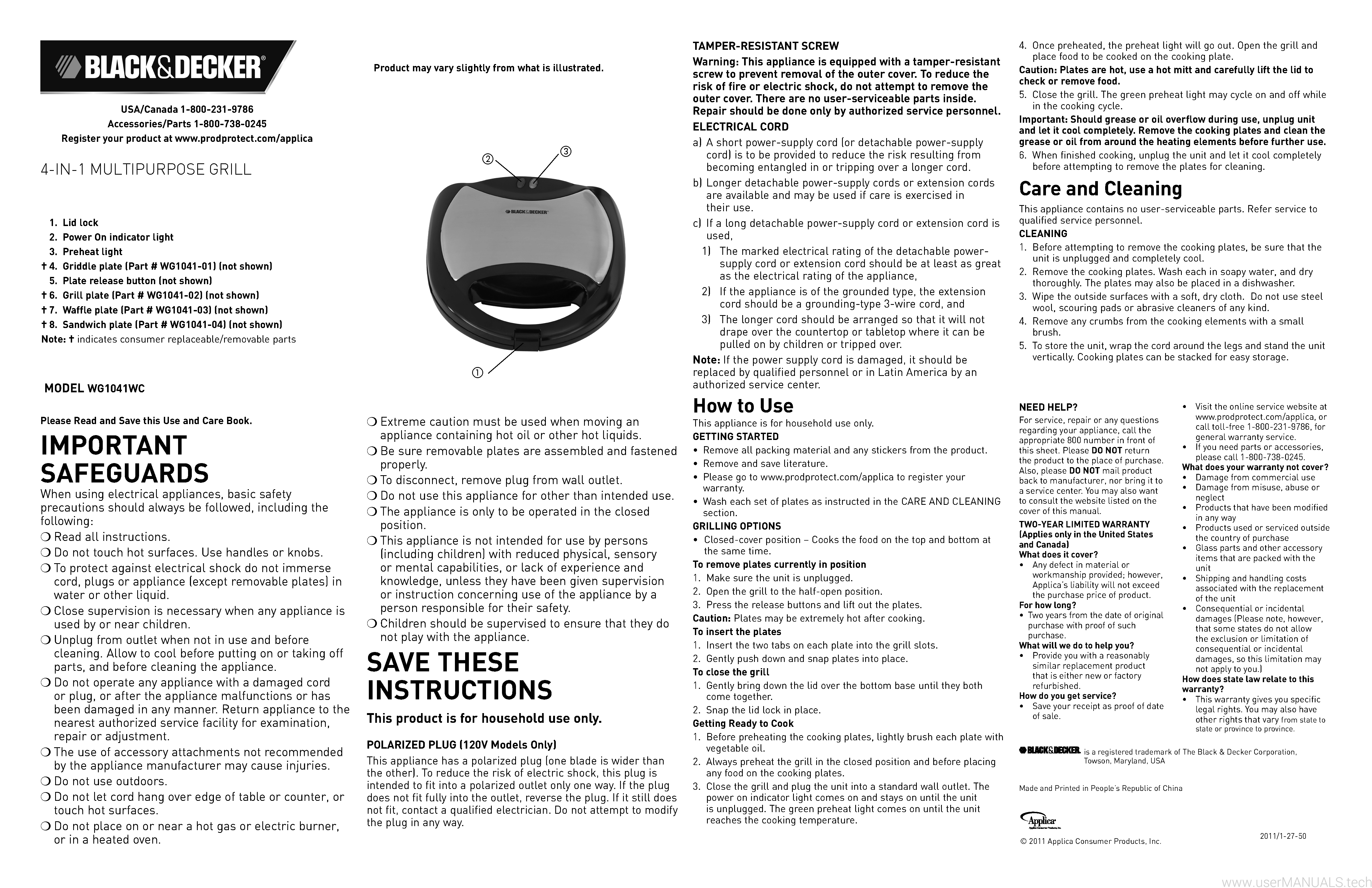 Black and Decker 2 Serving MultiPlate Waffle Maker WG1041WC User Manual
