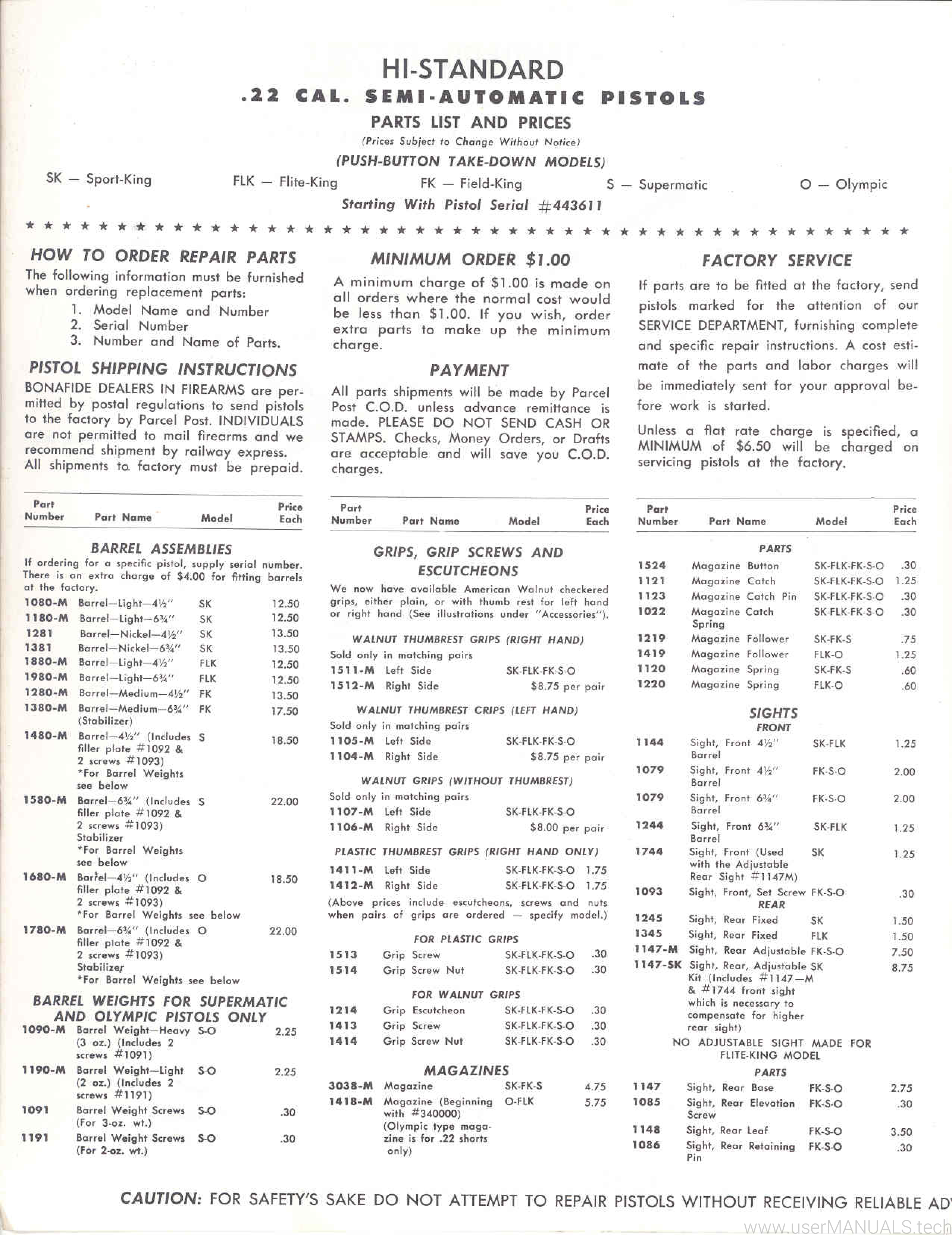 High Standard M-100, M-101 Series Instructions