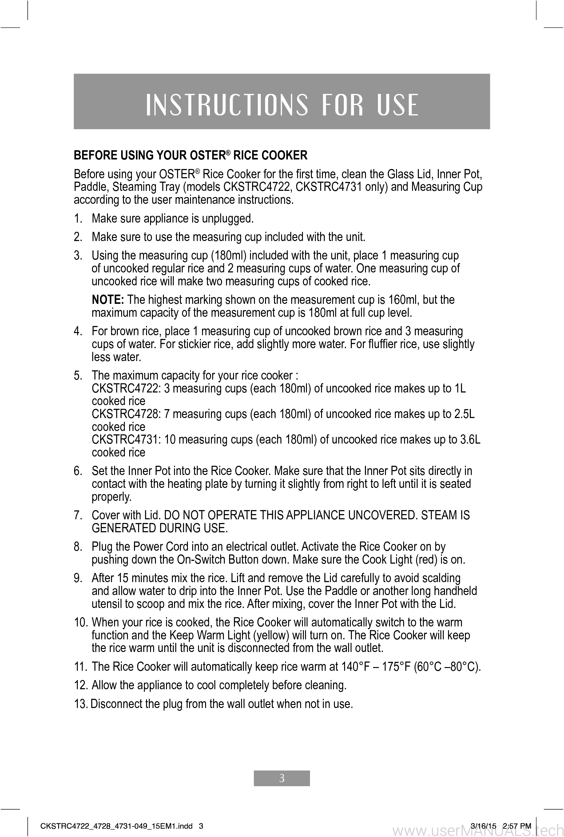 Oster 3 Cup Rice Cooker Instruction Manual
