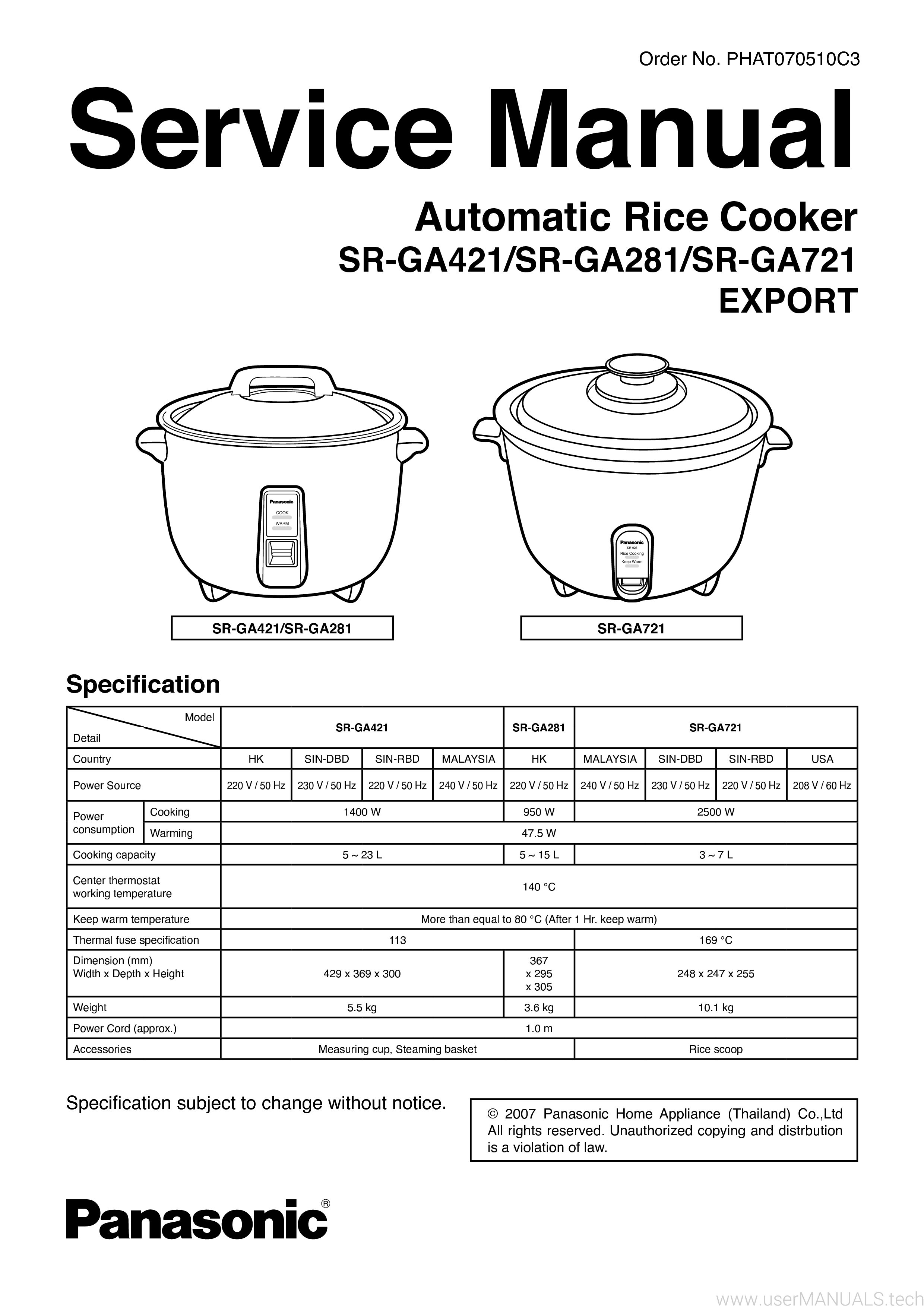 Panasonic Automatic Rice Cooker Sr Ga721 Srga281 Srga421 Operating