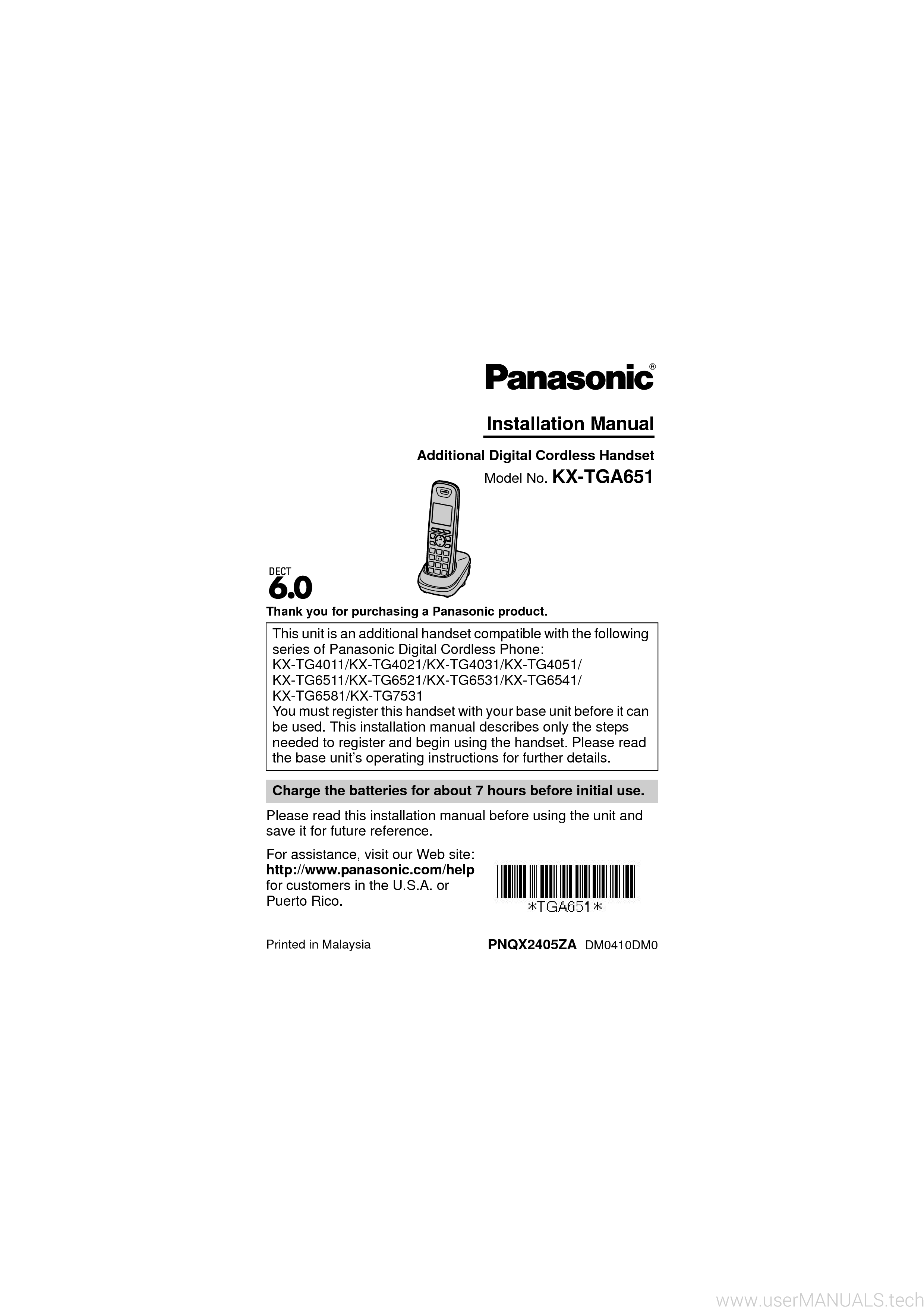 Panasonic Kx Tga651 Installation Manual