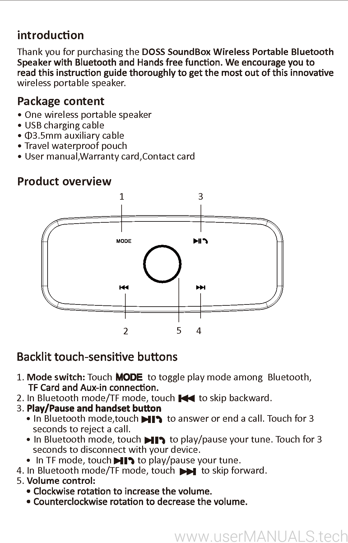 Doss Touch Wireless Bluetooth V4.0 Portable Speaker User Manual