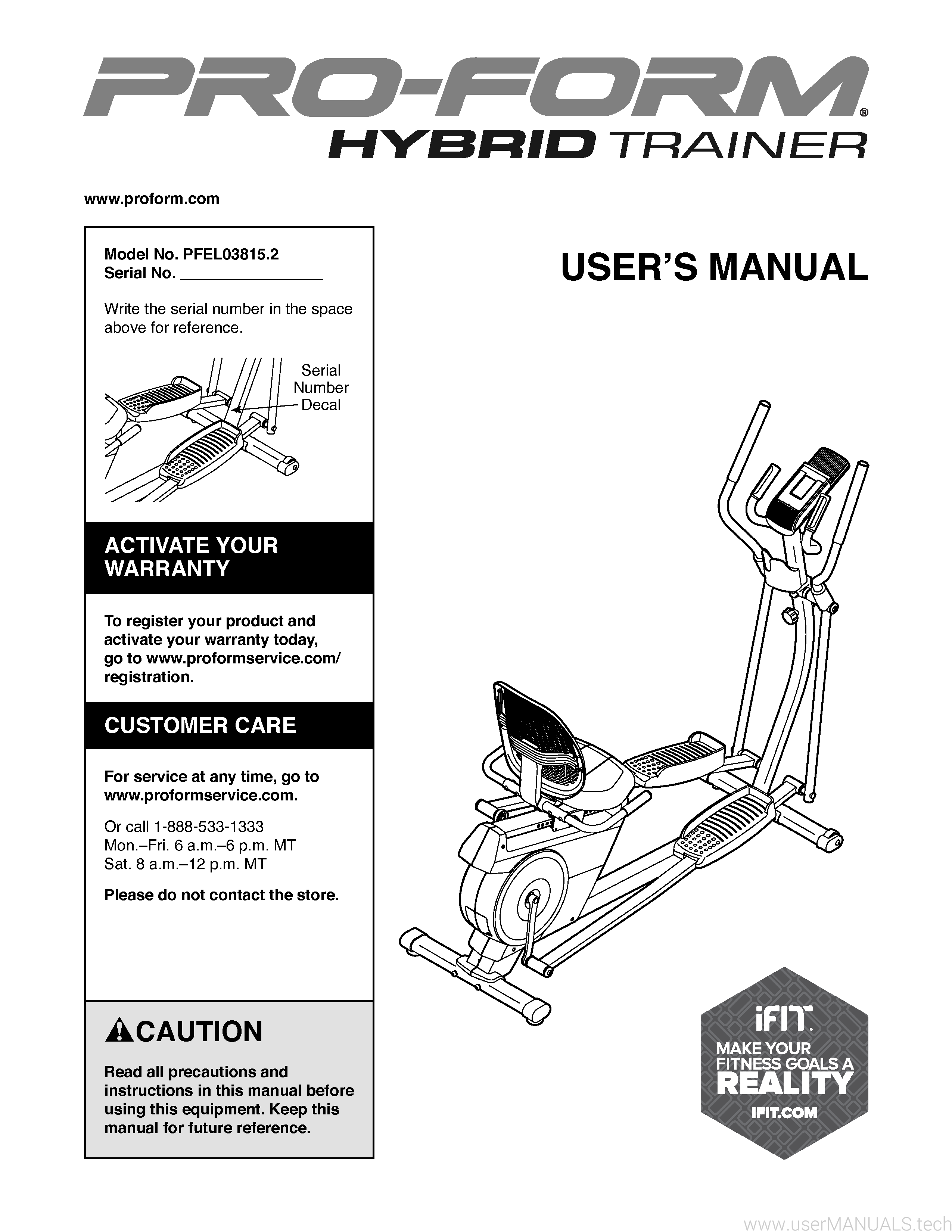 ProForm Hybrid Trainer Pfel038152 Manual