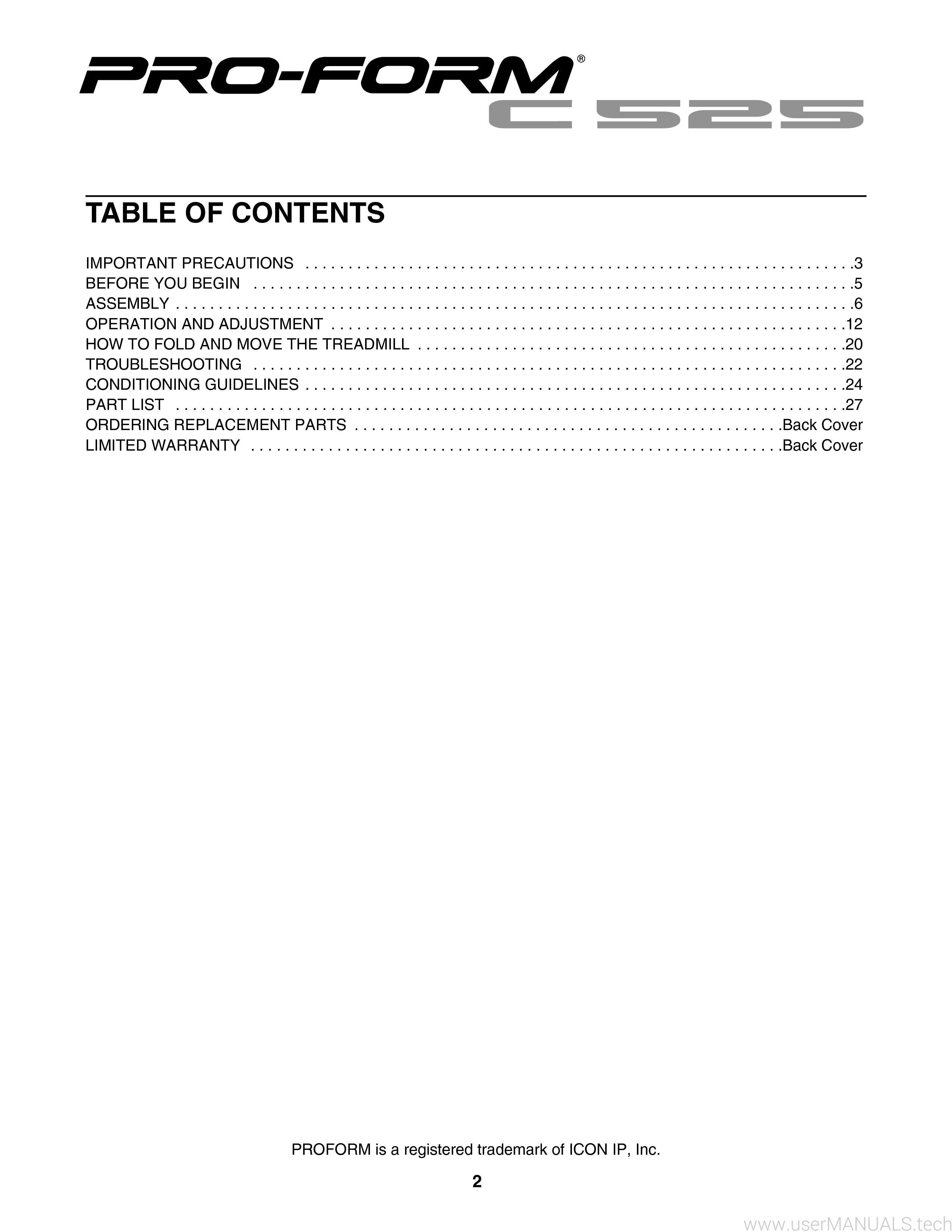 ProForm C 525 Treadmill Manual
