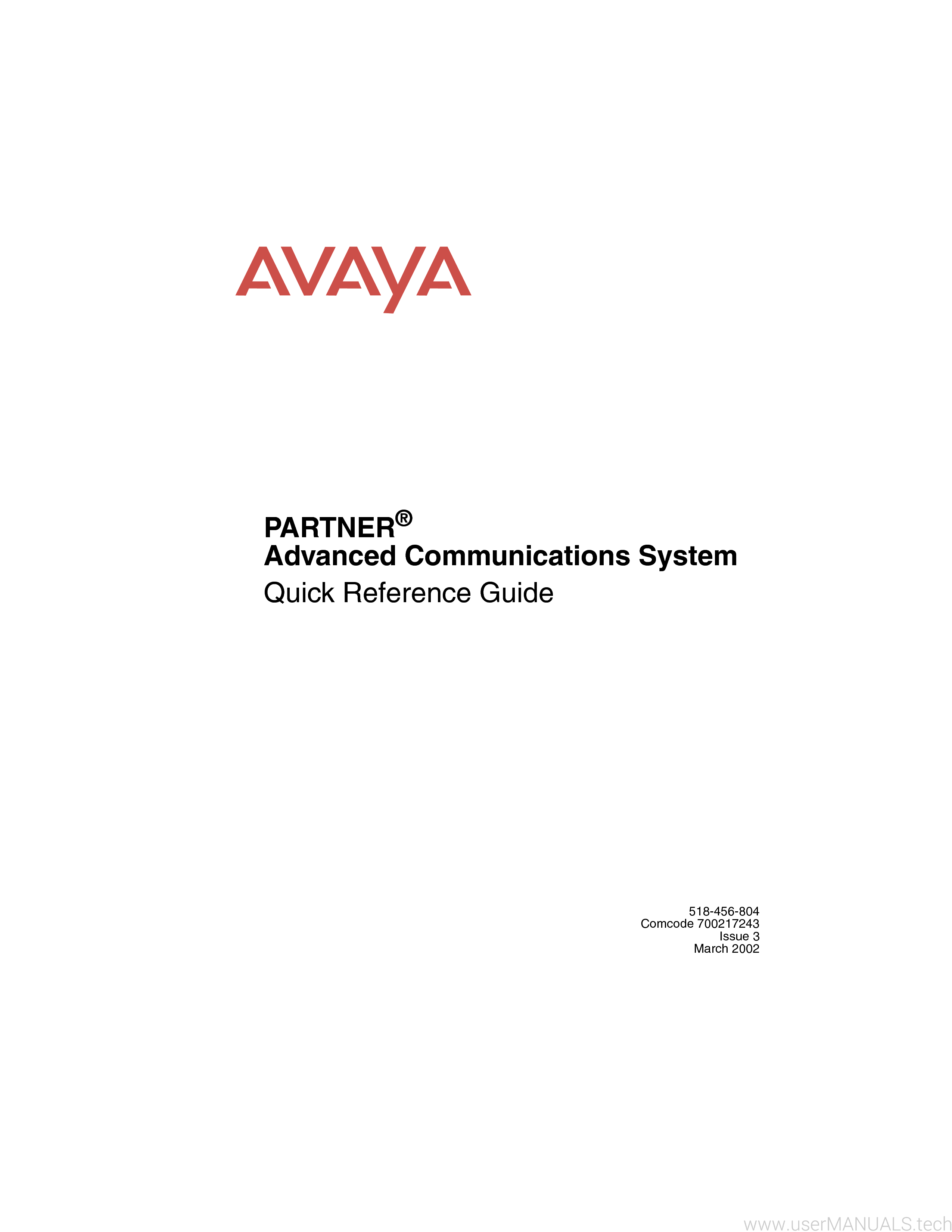 Avaya Partner Advanced Communications System Quick Reference Guide