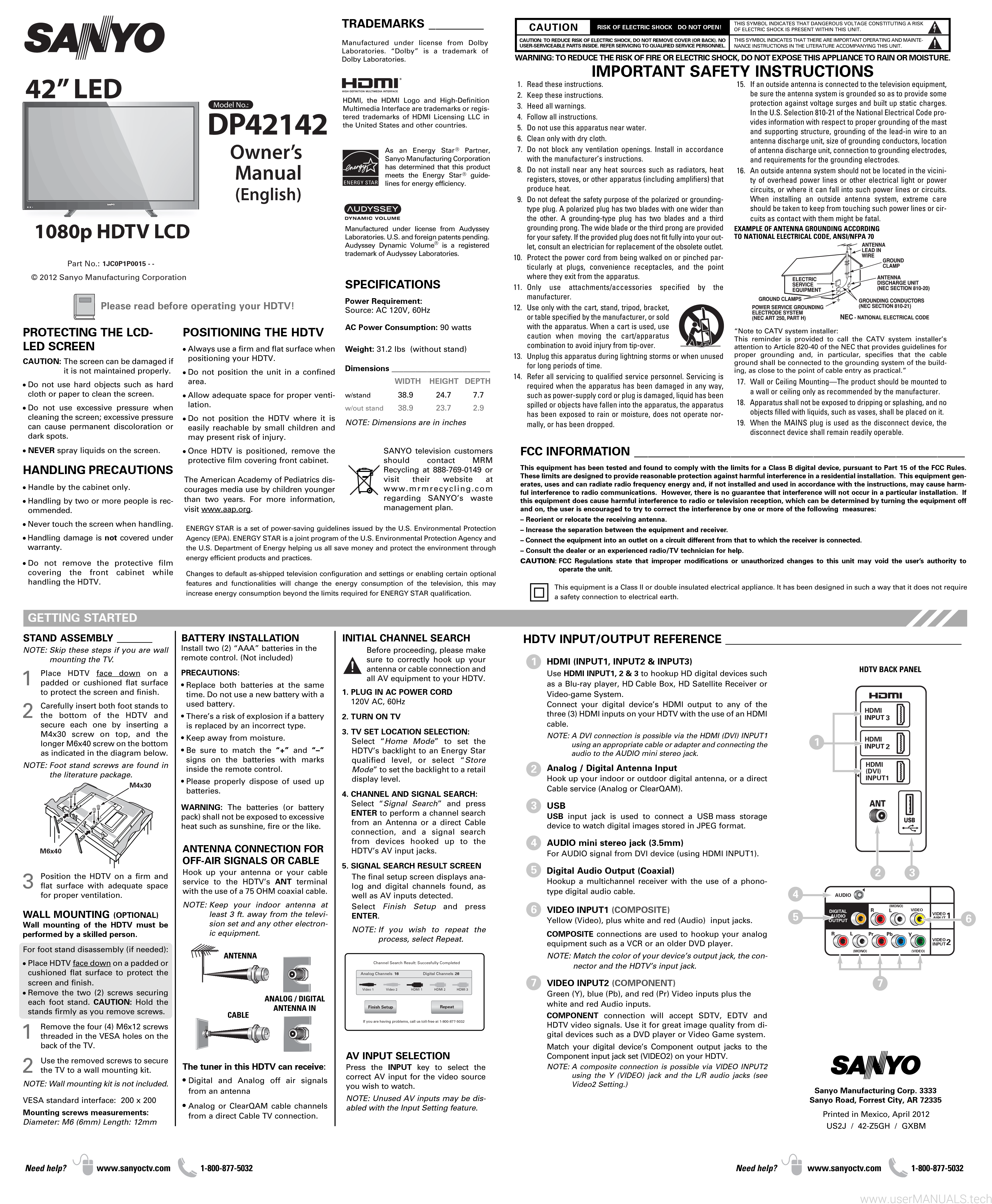 Sanyo DP42142 Hdtv Lcd Owners Manual