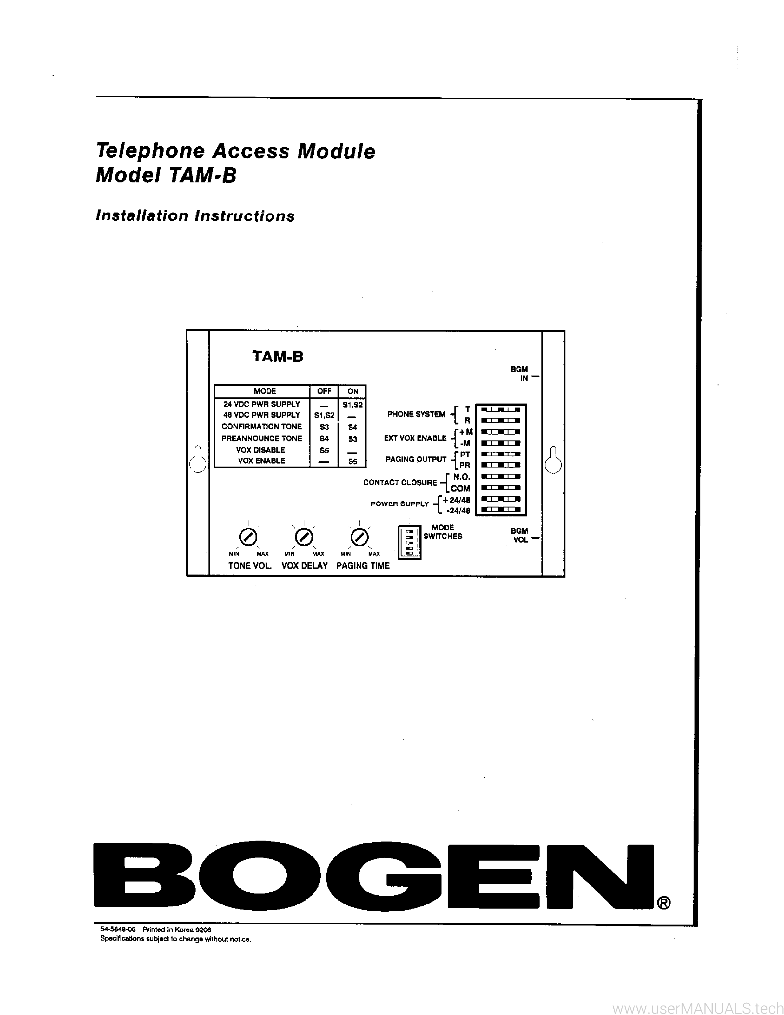 Bogen Tam B Instructions Manual