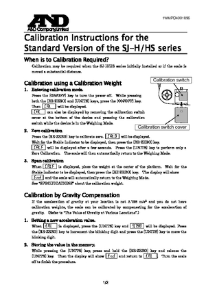 Page 11/2 
 
 
 
 
Calibration Instructions for the 
Standard Version of the SJ-H/HS series 
When is to Calibration Required? 
Calibration may be required when the SJ-H/HS series initially installed or if the scale is 
moved a substantial distance. 
 
Calibration using a Calibration Weight 
1.  Entering calibration mode. 
  Press the [ON/OFF] key to turn the power off.  While pressing 
both the [RE-ZERO] and [UNITS] keys, press the [ON/OFF] key. 
Then 
 Cal    will be displayed. 
  Cal    can also be displayed...