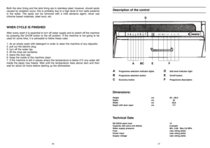 Page 1121
Description of the control
A
Programme selection indicator lights
B
Programme selection button
C
Economy button
D
Salt level indicator light
E
On/off button
F 
Programme description
Dimensions:Height
Depth
Width
Depth with door opencm
cm
cm
cm82 ÷ 88,5
55
59,8
11 7Technical DataEN 50242 place load
Capacity with pans and dishes
Water supply pressure
Fuse 
Power input 
Supply voltage12
8 people
Min. 0,08 - Max 0,8 MPa
(see rating plate)
(see rating plate)
(see rating plate)
20
Both the door lining and...