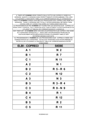 Page 19IL TIMER ART.91200540
 VIENE FORNITO DALLE DITTE ELBI COPRECI E SIEBE IN 2 
VERSIONI. QUESTE 2 VERSIONI SONO PERFETTAMENTE INTERCAMBIABILI FRA LORO TIMER P/N.91200540
 IS MADE AVAILABLE BY PRODUCERS ELBI, COPRECI AND SIEBE IN 2 
VERSIONS.  THESE 2 VERSIONS ARE TOTALLY INTERCHANGEABLE BETWEEN THEM, LE PROGRAMMATEUR REF.91200540
EST FOURNI PAR LES SOCIETES ELBI - COPRECI ET DER TIMER ART.-NR.91200540
 WIRD VON DEN ZULIEFERANTEN ELBI COPRECI UND SIEBE 
IN 2 VERSIONEN HERGESTELLT.  DIESE SIND UNTEREINANDER...