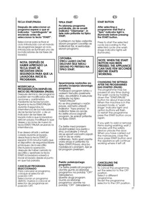 Page 2727 TECLA START/PAUSA
Después de seleccionar un
programa espere a que el
indicador  “centrifugado” se
encienda antes de
seleccionar la tecla “START”.
Seleccionar para activar el
ciclo introducido con el mando
de programas (según el ciclo
introducido se iluminará uno de
los indicadores de las fases de
lavado)NOTA: DESPUÉS DE
HABER APRETADO LA
TECLA START, SE
NECESITAN UNOS
SEGUNDOS PARA QUE LA
LAVADORA INICIE EL
PROGRAMA.MODIFICAR LA
PROGRAMACIÓN DESPUÉS DEL
INICIO DEL PROGRAMA (PAUSA)
Después del inicio...