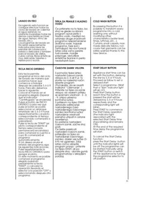 Page 3131ESLAVADO EN FRIO
Escogiendo esta funcion se
consigue efectuar todos los
ciclos de lavado sin calentar
el agua restando no
obstante invariables todas las
demas caracteristicas (nivel
de agua, tiempo, ritmo de
lavado, etc.).
Los programas de lavado en
frio estan especialmente
indicados para lavar las
prendas de colores poco
solidos o delicados y tambien
para el lavado de visillos,
cubre camas, fibras sinteticas
muy delicadas, tapetes o
tejidos poco sucios.TECLA INICIO DIFERIDO
Esta tecla permite...