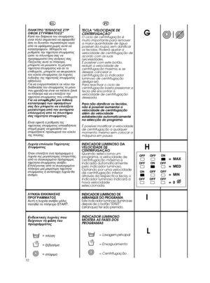 Page 3232GHIPT
TECLA “VELOCIDADE DE
CENTRIFUGAÇÃO”O ciclo de centrifugação é
muito importante para remover
a maior quantidade de água
possível da roupa, sem danificar
os tecidos. Poderá ajustar a
velocidade de centrifugação de
acordo com as suas
necessidades.
É possível com este botão,
reduzir a velocidade de
centrifugação maxima, e, se
desejar, cancelar a
centrifugação (o indicador
luminoso de centrifugação
desliga-se).
Para reactivar o ciclo de
centrifugação basta pressionar a
tecla até encontrar a
velocidade...