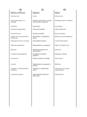 Page 55ESÍNDICE CAPÍTULOIntroduccíon
Notas generales a la
entrega
Garantía
Normas de seguridad
Datos técnicos
Puesta en funcionamiento
instalación
Descripción de los mandos
Tabla de programas
Seleción
Cubeta del detergente
El producto
Lavado
Limpieza y mantenimiento
ordinario
Causas de averíasSLKAZALOUvod
Splo‰na opozorila in nasveti
ob prevzemu aparata
Garancija 
Varnostni predpisi 
Tehniãni podatki 
Namestitev in prikljuãitev
stroja 
Opis stikalne plo‰ãe 
Razpredelnica s programi 
Izbiranje programov in...