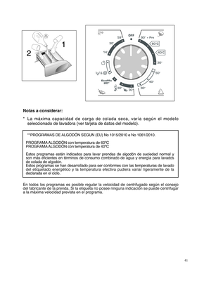 Page 4141Notas a considerar:
* La máxima capacidad de carga de colada seca, varía según el modelo
seleccionado de lavadora (ver tarjeta de datos del modelo).**PROGRAMAS DE ALGODÓN SEGUN (EU) No 1015/2010 e No 1061/2010.
PROGRAMA ALGODÓN con temperatura de 60ºC
PROGRAMA ALGODÓN con temperatura de 40ºC
Estos programas están indicados para lavar prendas de algodón de suciedad normal y
son más eficientes en términos de consumo combinado de agua y energía para lavados
de colada de algodón.
Estos programas se han...