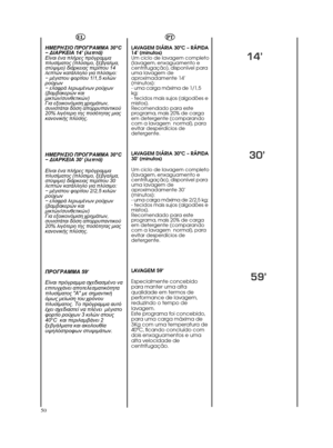 Page 5050PTLAVAGEM DIÁRIA 30ºC – RÁPIDA
14’ (minutos)
Um ciclo de lavagem completo
(lavagem, enxaguamento e
centrifugação), disponível para
uma lavagem de
aproximadamente 14’
(minutos):
- uma carga máxima de 1/1,5
kg;
- tecidos mais sujos (algodões e
mistos).
Recomendado para este
programa, mais 20% de carga
em detergente (comparando
com a lavagem  normal), para
evitar desperdícios de
detergente.
LAVAGEM DIÁRIA 30ºC – RÁPIDA
30’ (minutos)
Um ciclo de lavagem completo
(lavagem, enxaguamento e
centrifugação),...