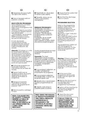 Page 6161ES
● Asegúrese de que el grifo
del agua esté abierto,
● Que el desagüe esté en
posición correcta.
SELECCIÓN DEL PROGRAMA
Hace referencia a la tabla
de programas para
seleccionar el programa más
adecuado.
Girando el selector se activa
el programa elegido.Esperar
que el indicador
“Centrifugado” se encienda
Seleccionando la tecla
START la lavadora incia la
secuencia de lavado.
El ciclo de lavado
mantendrá el mando
programador fijo sobre el
programa seleccionado
hasta la finalización del
lavado.
Atención:...