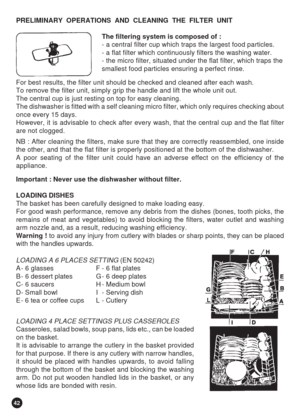 Page 4242
PRELIMINARY  OPERATIONS  AND  CLEANING  THE  FILTER  UNIT
The filtering system is composed of :
- a central filter cup which traps the largest food particles.
- a flat filter which continuously filters the washing water.
- the micro filter, situated under the flat filter, which traps the
smallest food particles ensuring a perfect rinse.
For best results, the filter unit should be checked and cleaned after each wash.
To remove the filter unit, simply grip the handle and lift the whole unit out.
The...